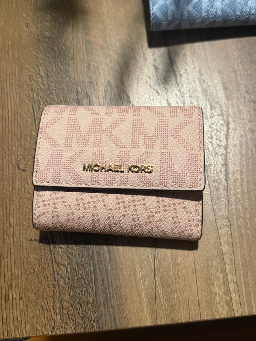 Michael Kors Pink Signature Trifold Wallet with Gold Logo